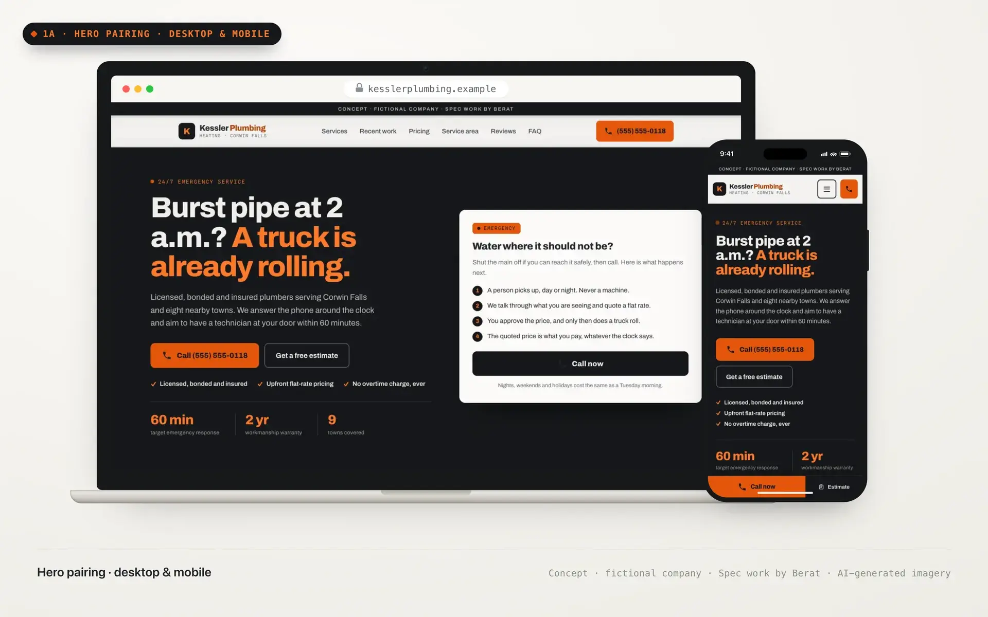 Kessler Plumbing & Heating concept website on a laptop and a phone: charcoal and safety-orange design with the headline 'Burst pipe at 2 a.m.? A truck is already rolling.'