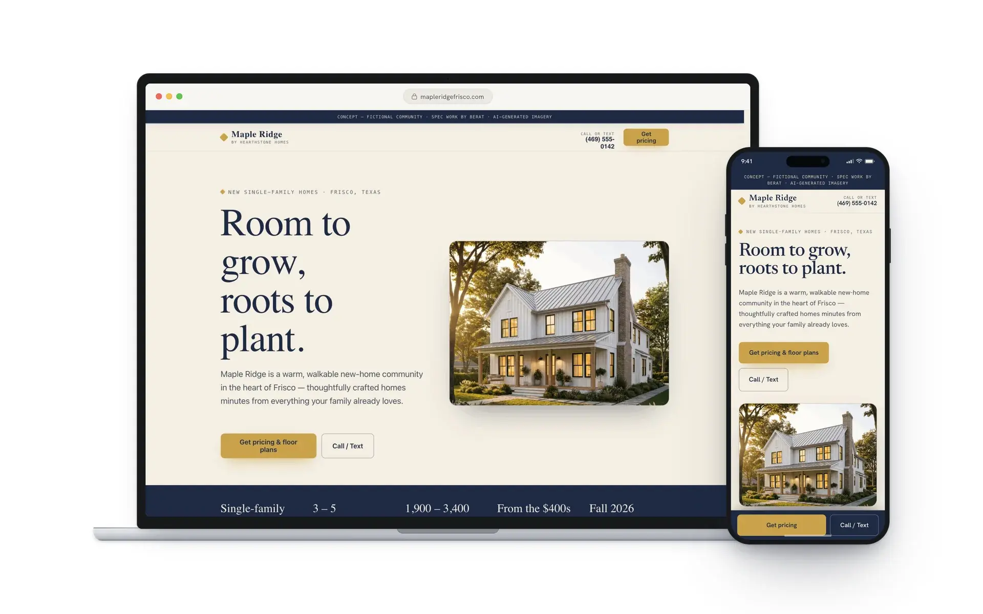 Maple Ridge concept website on a laptop and a phone: warm cream and navy design with the headline 'Room to grow, roots to plant'.