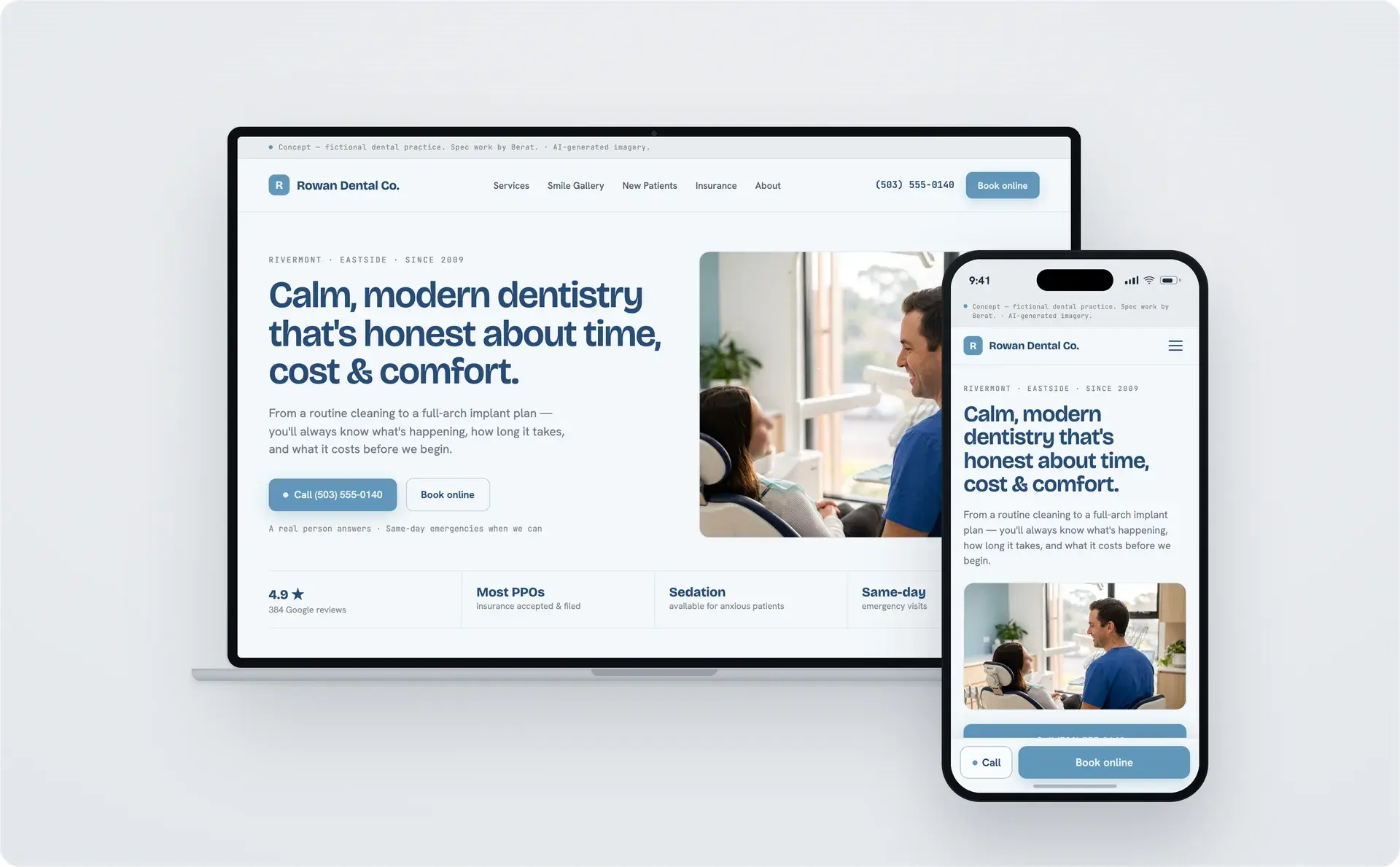Rowan Dental concept website on a laptop and a phone: calm blue design with the headline 'Calm, modern dentistry'.